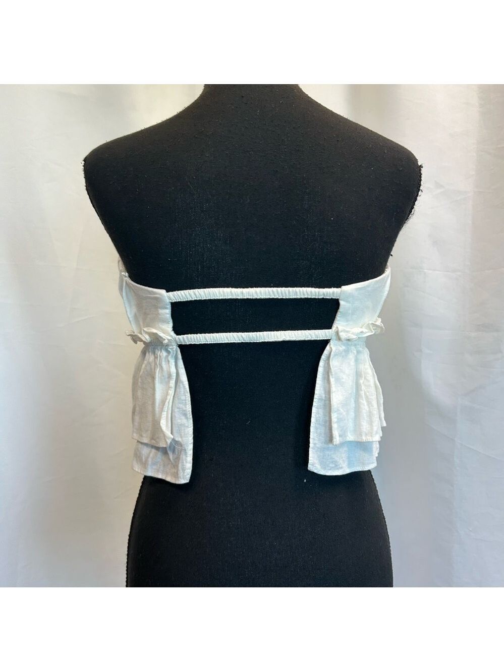 Zara white pleated ruched layered ruffle frill strapless open back top blouse M - Picture 5 of 14